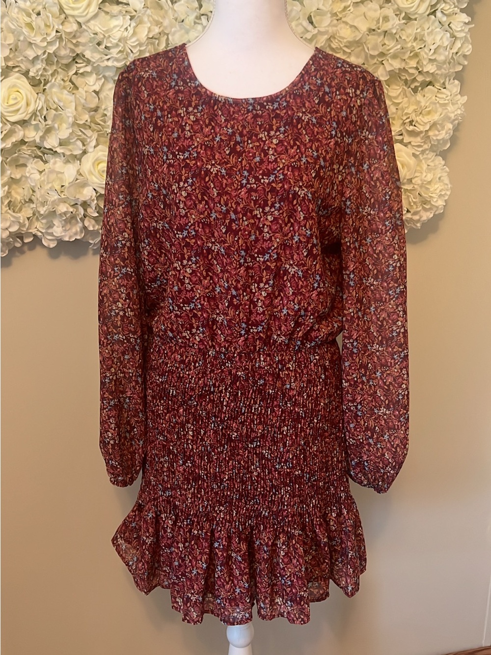 Dress Forum Wine Floral Long-Sleeve Smocked Waist Dress